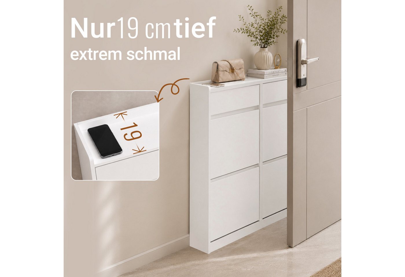 SoBuy Schuhkipper FSR169, Schuhablage, Schuhschrank schmal, Schuhregal, Schuhkommode, Schuhkipper, 19 cm tief, mit 2 Schubladen, für Kleine Wohnungen, Flure – Bild 2 von 5