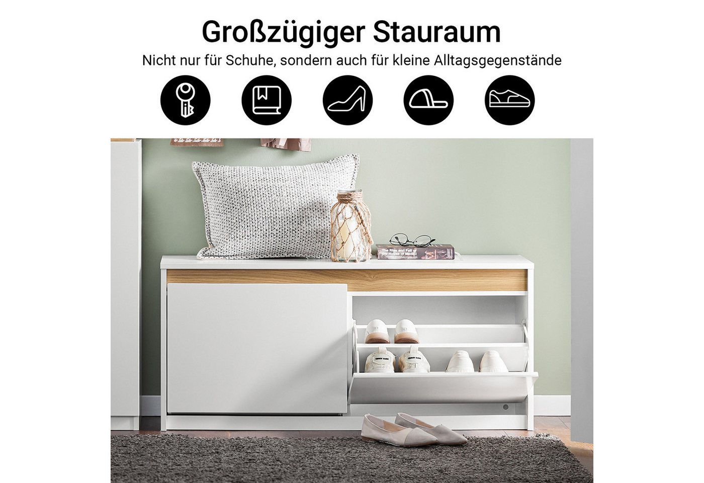 SoBuy Schuhkipper FSR171, Schuhbank Dielenbank, Sitzbank mit Stauraum, Schuhregal, Sitzkommode Schuhschrank mit 2 Klappen, gepolstert, Fach unter Kissen – Bild 2 von 5