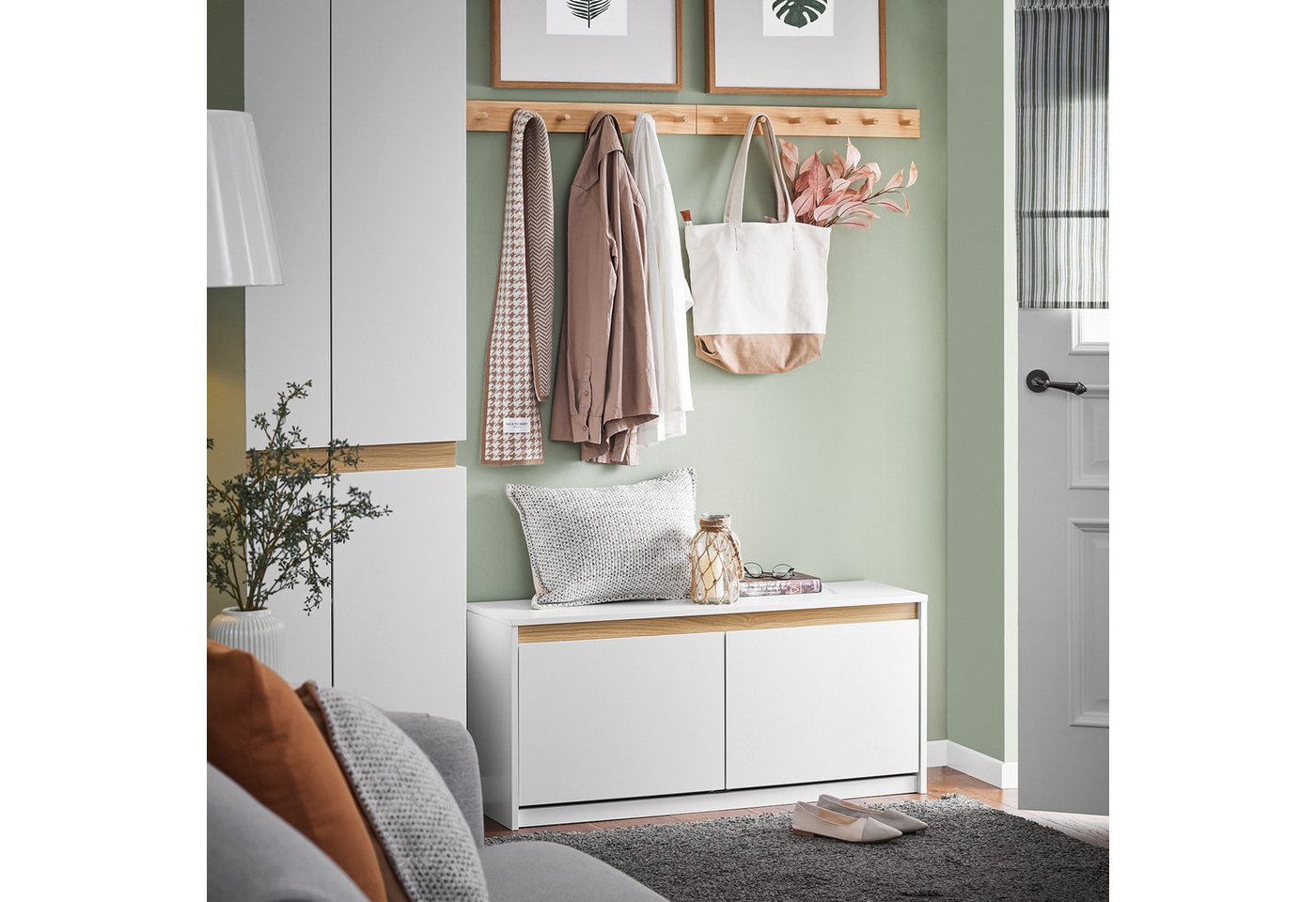 SoBuy Schuhkipper FSR171, Schuhbank Dielenbank, Sitzbank mit Stauraum, Schuhregal, Sitzkommode Schuhschrank mit 2 Klappen, gepolstert, Fach unter Kissen – Bild 4 von 5