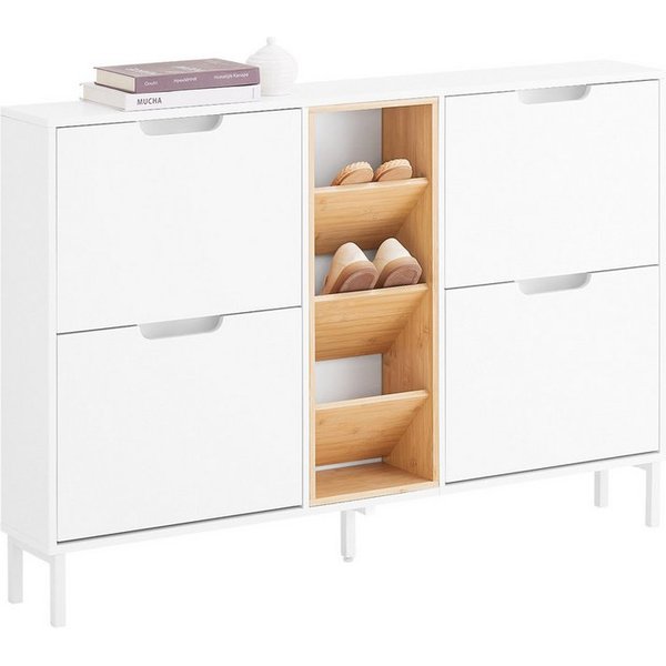SoBuy Schuhkipper FSR183, Schuhschrank schmal, Flurschrank Schuhregal Schuhkommode Weiß, Schuhkipper, nur 19 cm tief, 4 Klappen & offene Fächer, Bambus-Holz