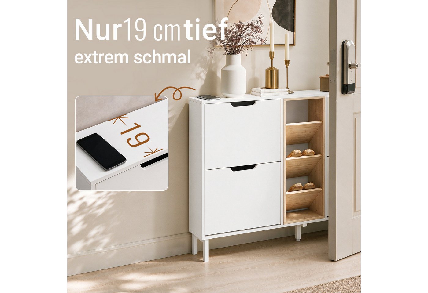 SoBuy Schuhkipper FSR183, Schuhschrank schmal, Flurschrank Schuhregal Schuhkommode Weiß, Schuhkipper, nur 19 cm tief, 4 Klappen & offene Fächer, Bambus-Holz – Bild 3 von 5