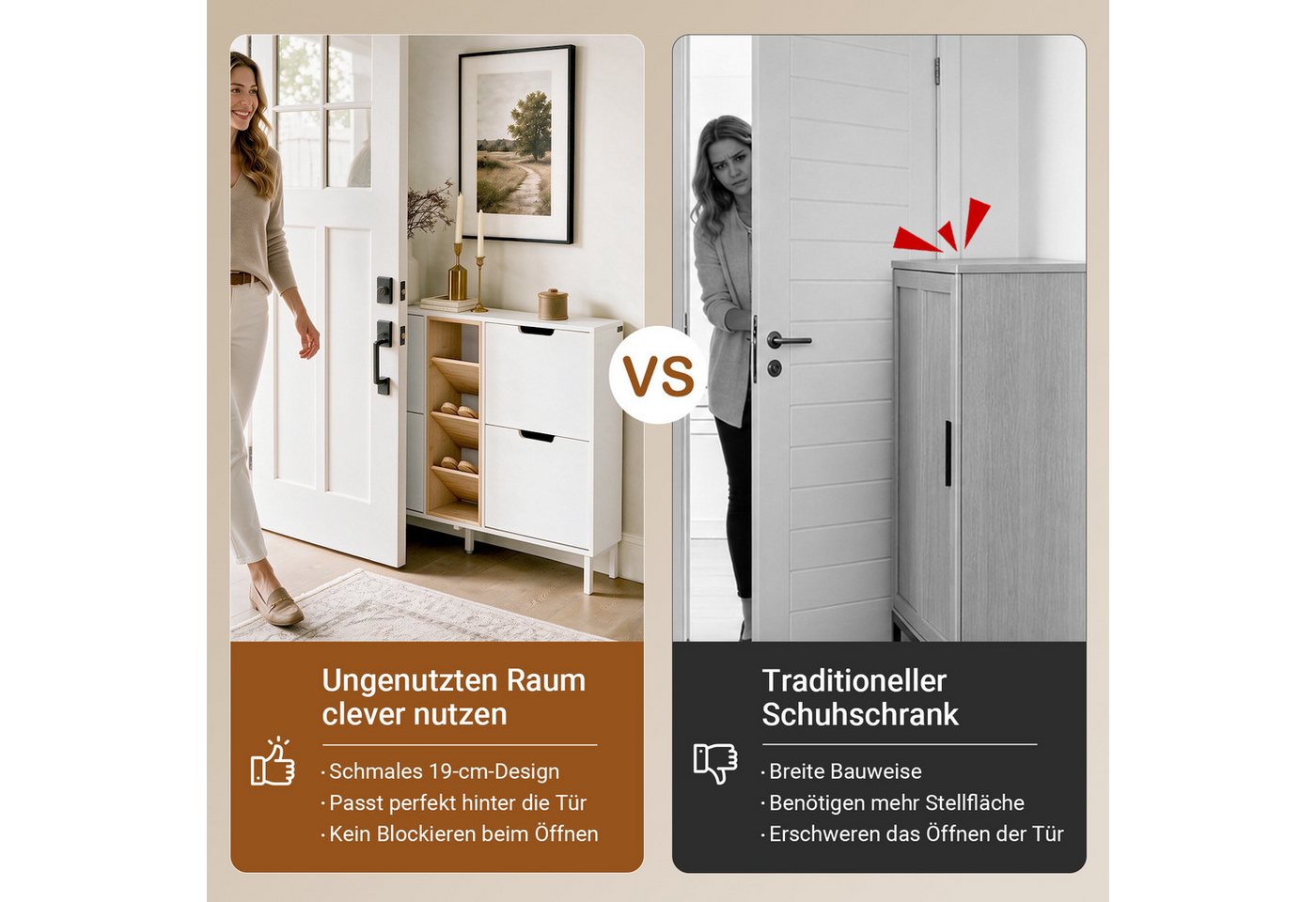 SoBuy Schuhkipper FSR183, Schuhschrank schmal, Flurschrank Schuhregal Schuhkommode Weiß, Schuhkipper, nur 19 cm tief, 4 Klappen & offene Fächer, Bambus-Holz – Bild 4 von 5