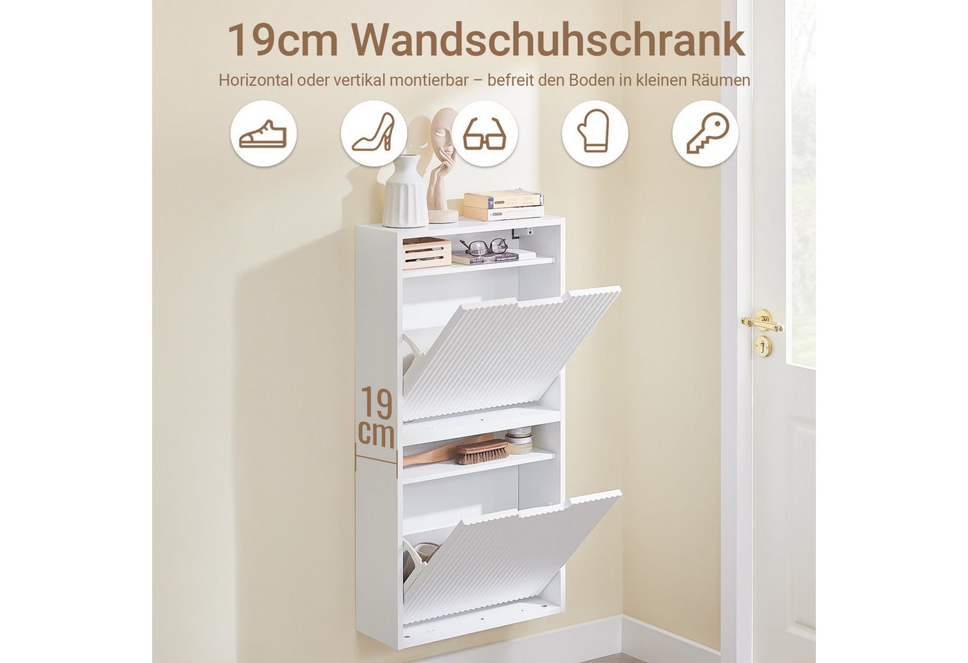 SoBuy Schuhkipper FSR204, Schuhschrank schmal, Schuhregal Schuhablage, Schuhschrank mit 2 Klappen, für 6-8 Paar Schuhe Wandmontage/stehend – Bild 3 von 5