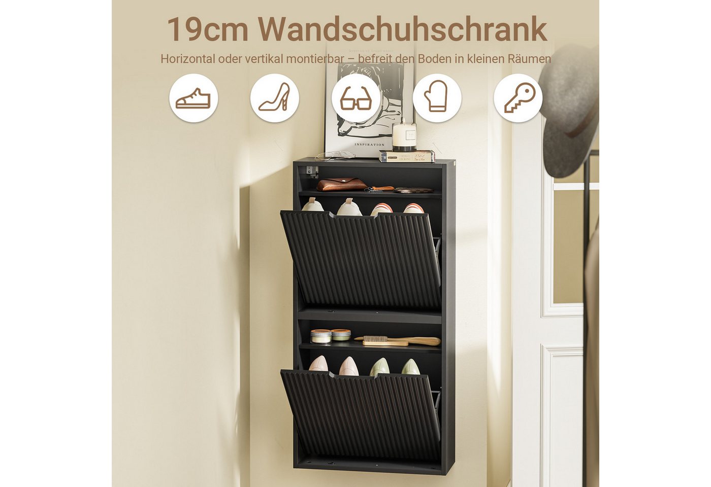 SoBuy Schuhkipper FSR204, Schuhschrank schmal, Schuhregal Schuhablage, Schuhschrank mit 2 Klappen, für 6-8 Paar Schuhe Wandmontage/stehend – Bild 2 von 5