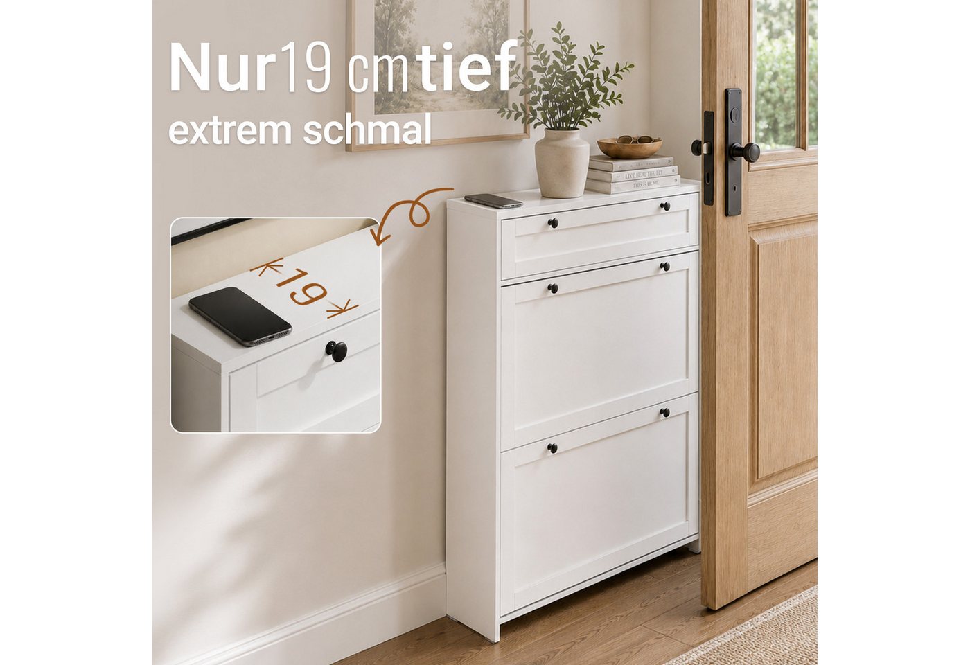 SoBuy Schuhkipper FSR207, Schuhschrank schmal, Schuhregal Schuhkommode, EXTREM SCHMAL, Schuhschrank mit Klappen, mit Schubladen, 19cm tief, für schmale Flure – Bild 2 von 5