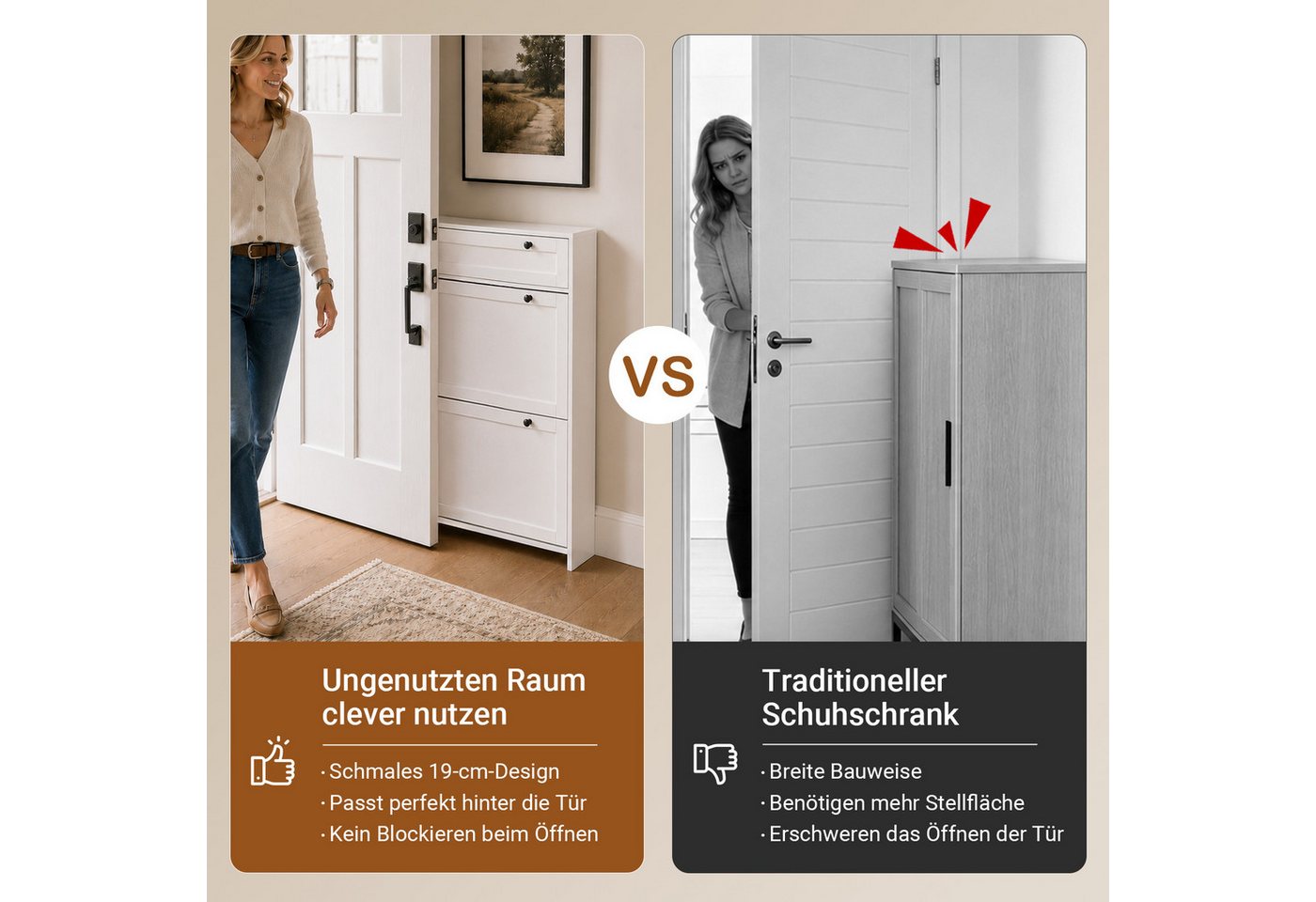 SoBuy Schuhkipper FSR207, Schuhschrank schmal, Schuhregal Schuhkommode, EXTREM SCHMAL, Schuhschrank mit Klappen, mit Schubladen, 19cm tief, für schmale Flure – Bild 3 von 5