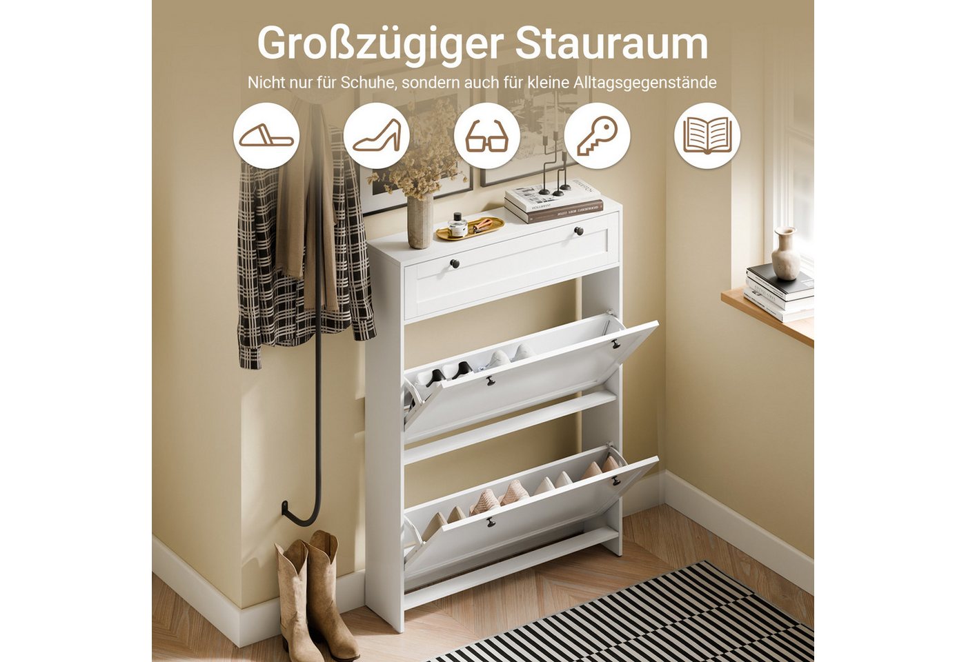 SoBuy Schuhkipper FSR207, Schuhschrank schmal, Schuhregal Schuhkommode, EXTREM SCHMAL, Schuhschrank mit Klappen, mit Schubladen, 19cm tief, für schmale Flure – Bild 4 von 5