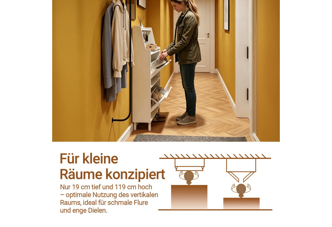 SoBuy Schuhkipper FSR221, Schuhschrank schmal, Schuhregal Schuhkipper schmal Flurschrank, Schuhkommode Schuhablage, mit Haken und offenem Fach, Platzsparend – Bild 3 von 5