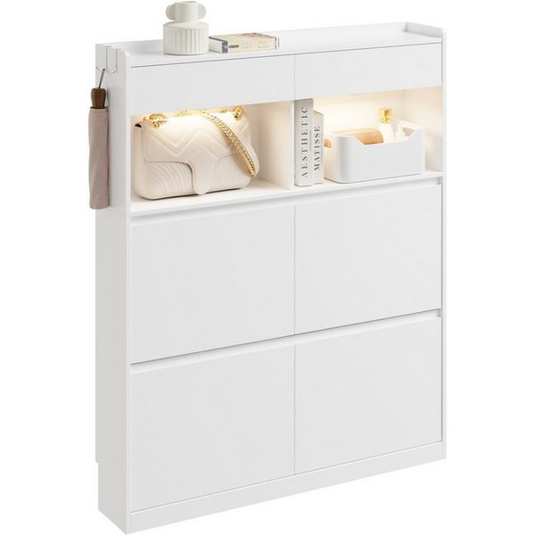 SoBuy Schuhkipper FSR224-E, Schuhkipper schmal, Flurschrank Schuhregal, LED-Licht, Haken, mit 2 Schubladen, nur 19 cm tief, bis EU-Größe 46, für Enge Flure