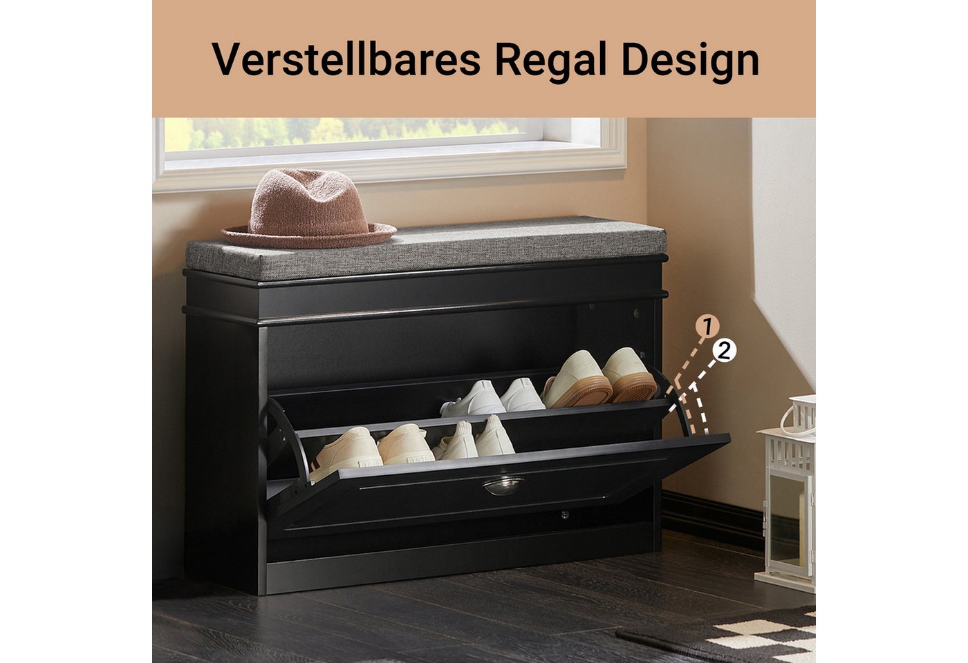 SoBuy Schuhkipper FSR82, Schuhregal schmal, Sitzbank mit Stauraum, Flur, Schlafzimmer, Schuhschrank schmal, Schuhbank mit Sitzkissen, mit Klappe – Bild 4 von 5