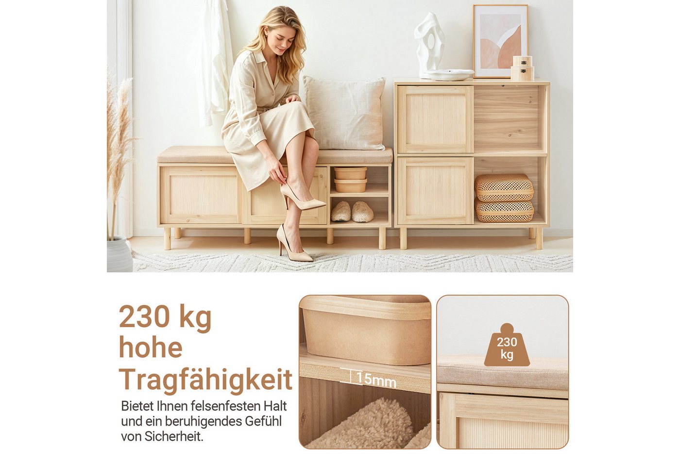 SoBuy Schuhregal FSR163, Schuhbank mit Sitzfläche, Schuhschrank schmal mit Schiebetüren, Sitzbank mit Stauraum Dielenbank Schuhtruhe Sitzkommode Schuhregal – Bild 2 von 5