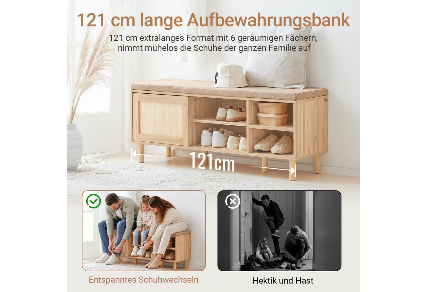 SoBuy Schuhregal FSR163, Schuhbank mit Sitzfläche, Schuhschrank schmal mit Schiebetüren, Sitzbank mit Stauraum Dielenbank Schuhtruhe Sitzkommode Schuhregal – Bild 4 von 5