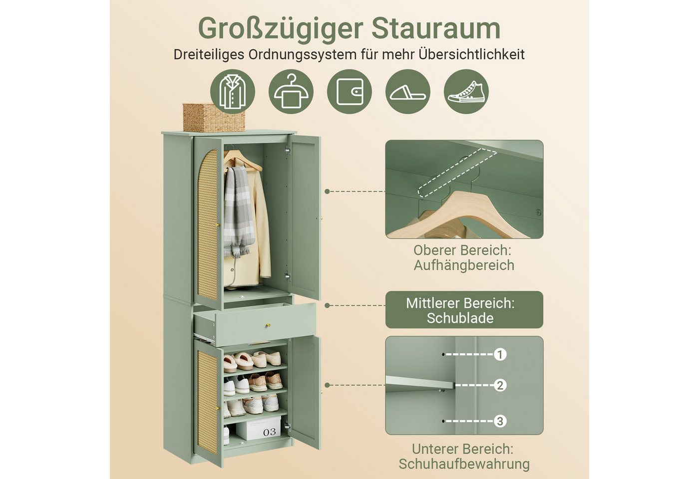 SoBuy Schuhschrank FSB107, Hochschrank Schuhregal Schuhhochschrank, für Schlafzimmer Flur (1er Set) Schuhschrank, mit Kleiderstange, Schublade, verstellbaren Bö – Bild 2 von 5