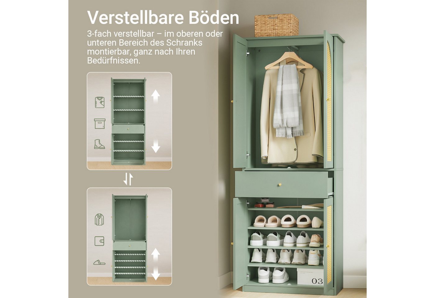 SoBuy Schuhschrank FSB107, Hochschrank Schuhregal Schuhhochschrank, für Schlafzimmer Flur (1er Set) Schuhschrank, mit Kleiderstange, Schublade, verstellbaren Bö – Bild 4 von 5