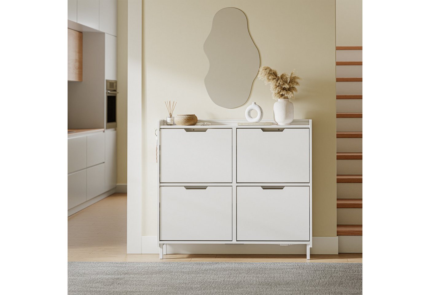 SoBuy Schuhschrank FSR100, Schuhschrank schmal, Schuhregal Schuhkipper Flurschrank, Licht Schuhschrank hängend, mit Sensorlicht, 4 Klappen, Schuhaufbewahrung – Bild 2 von 5