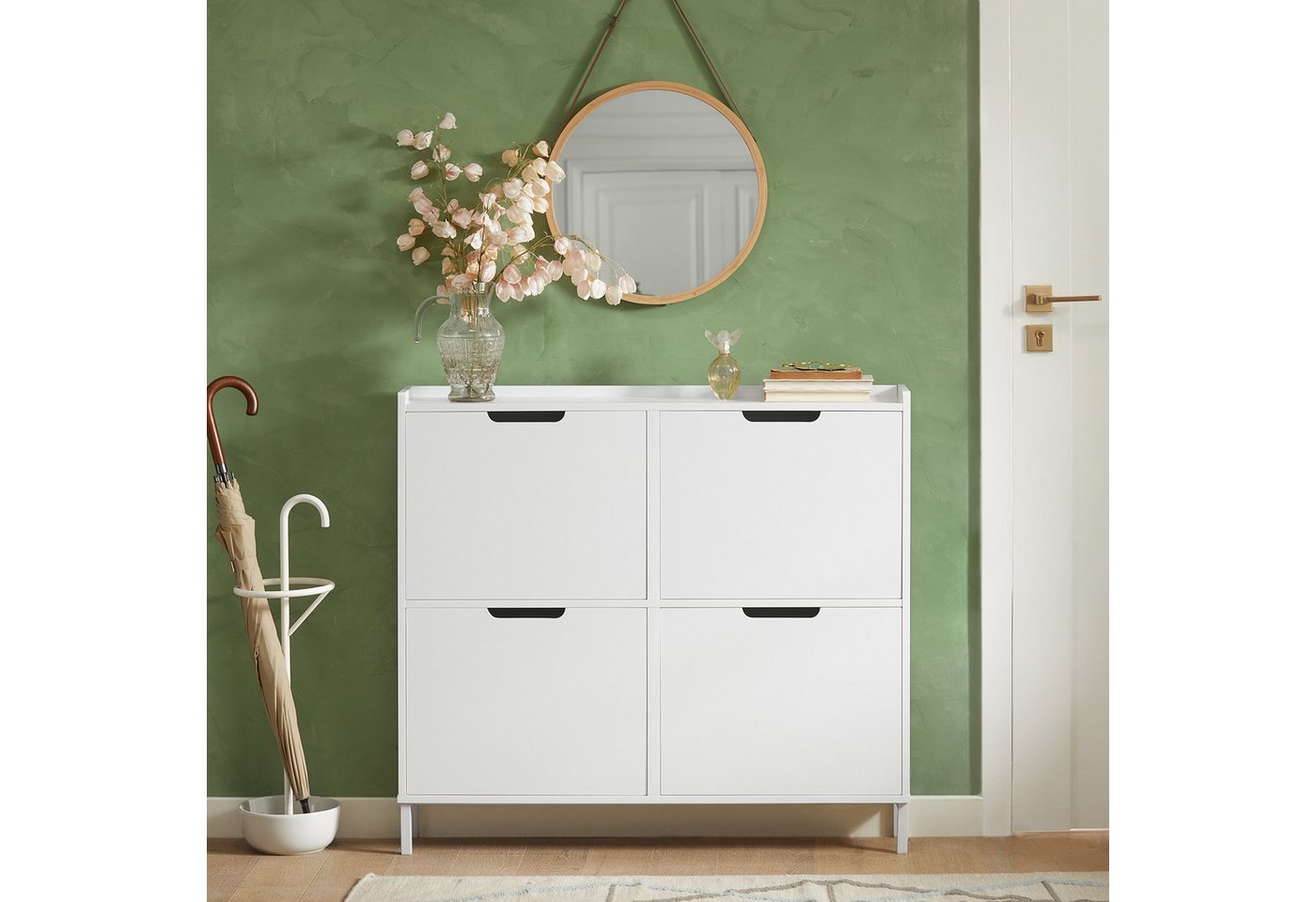 SoBuy Schuhschrank FSR100, Schuhkipper Schuhregal Flurschrank Schuhkommode Schuhschrank schmal, mit 4 Klappen, für 8-12 Paar Schuhe, Diele, Flur – Bild 2 von 5