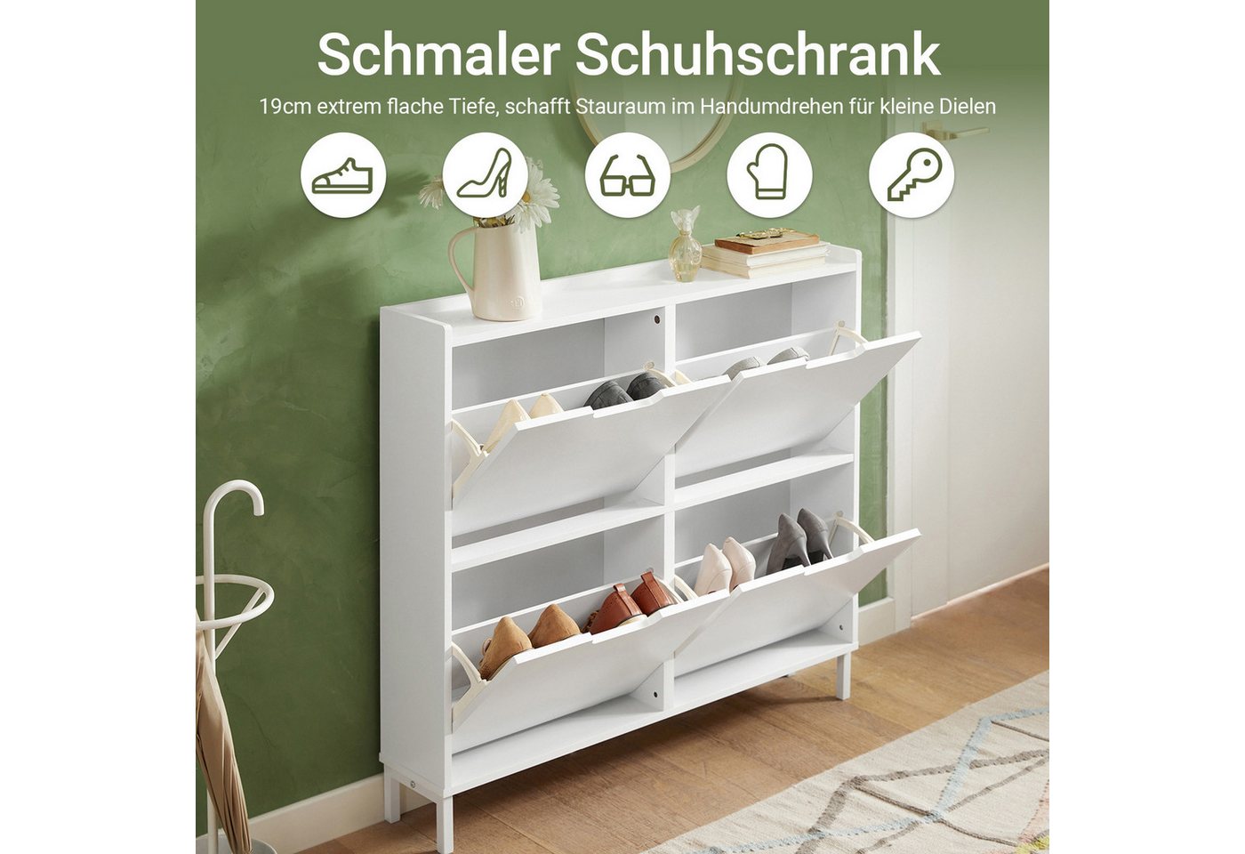 SoBuy Schuhschrank FSR100, Schuhkipper Schuhregal Flurschrank Schuhkommode Schuhschrank schmal, mit 4 Klappen, für 8-12 Paar Schuhe, Diele, Flur – Bild 4 von 5