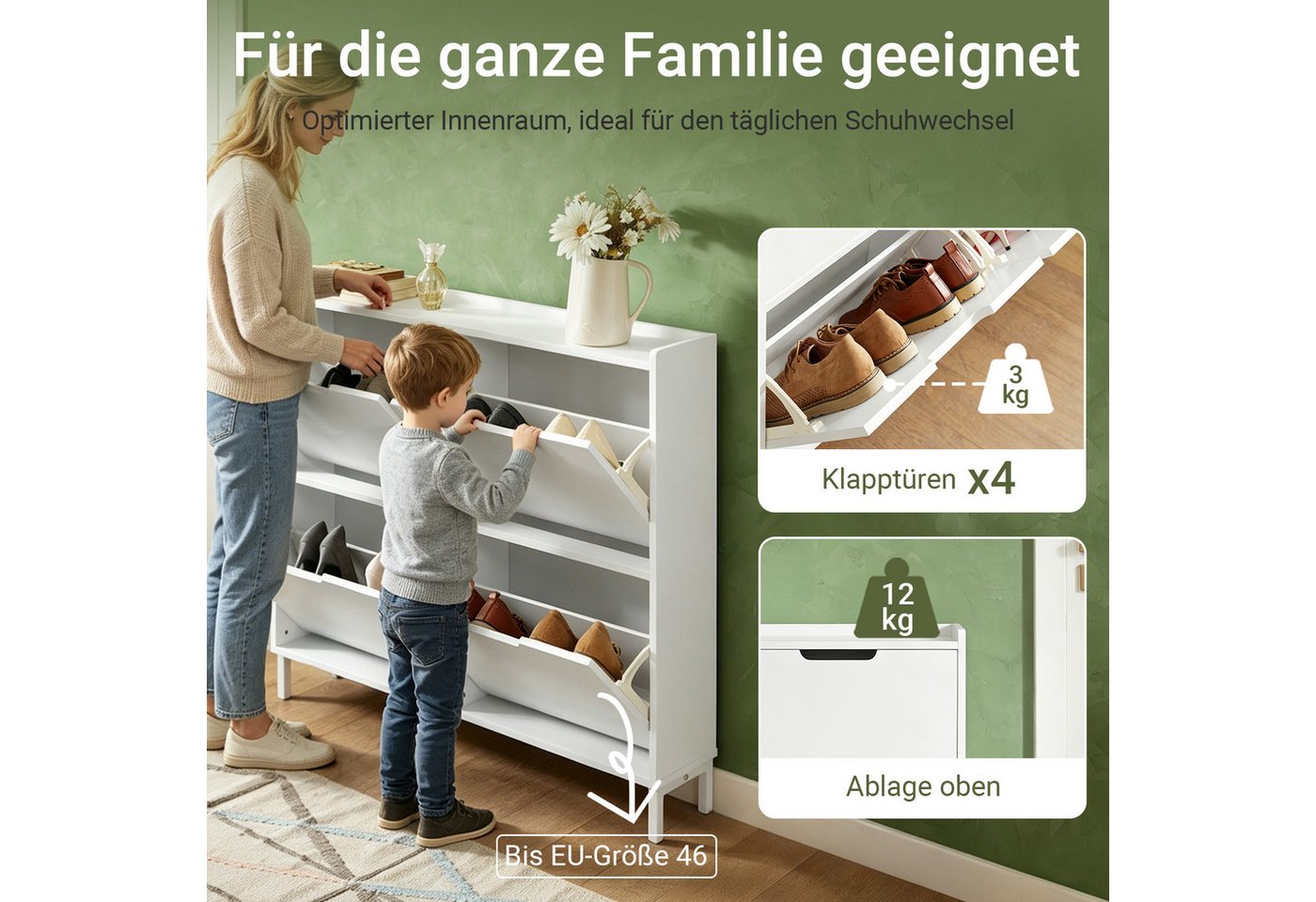 SoBuy Schuhschrank FSR100, Schuhkipper Schuhregal Flurschrank Schuhkommode Schuhschrank schmal, mit 4 Klappen, für 8-12 Paar Schuhe, Diele, Flur – Bild 5 von 5
