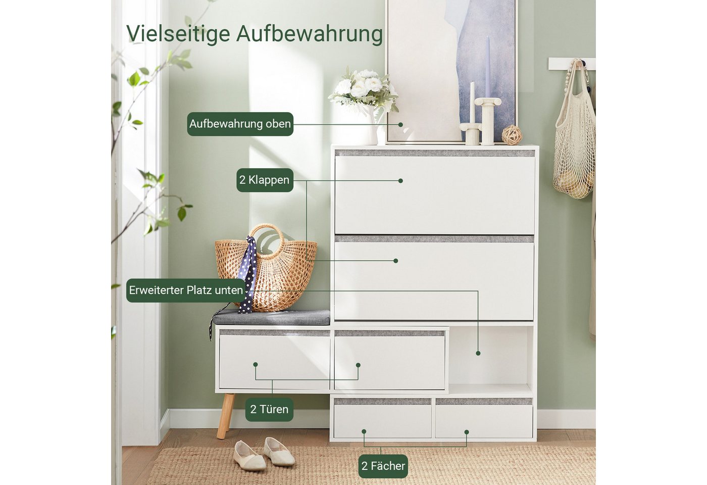 SoBuy Schuhschrank FSR134, Schuhkipper Schuhschrank mit Sitzbank Schuhbank mit Sitzfläche Schuhablage mit 2 Klappen, 2 Türen und 2 Schubladen Flurschrank – Bild 2 von 5