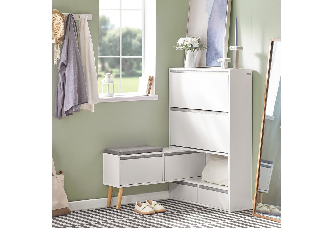 SoBuy Schuhschrank FSR134, Schuhkipper Schuhschrank mit Sitzbank Schuhbank mit Sitzfläche Schuhablage mit 2 Klappen, 2 Türen und 2 Schubladen Flurschrank – Bild 4 von 5