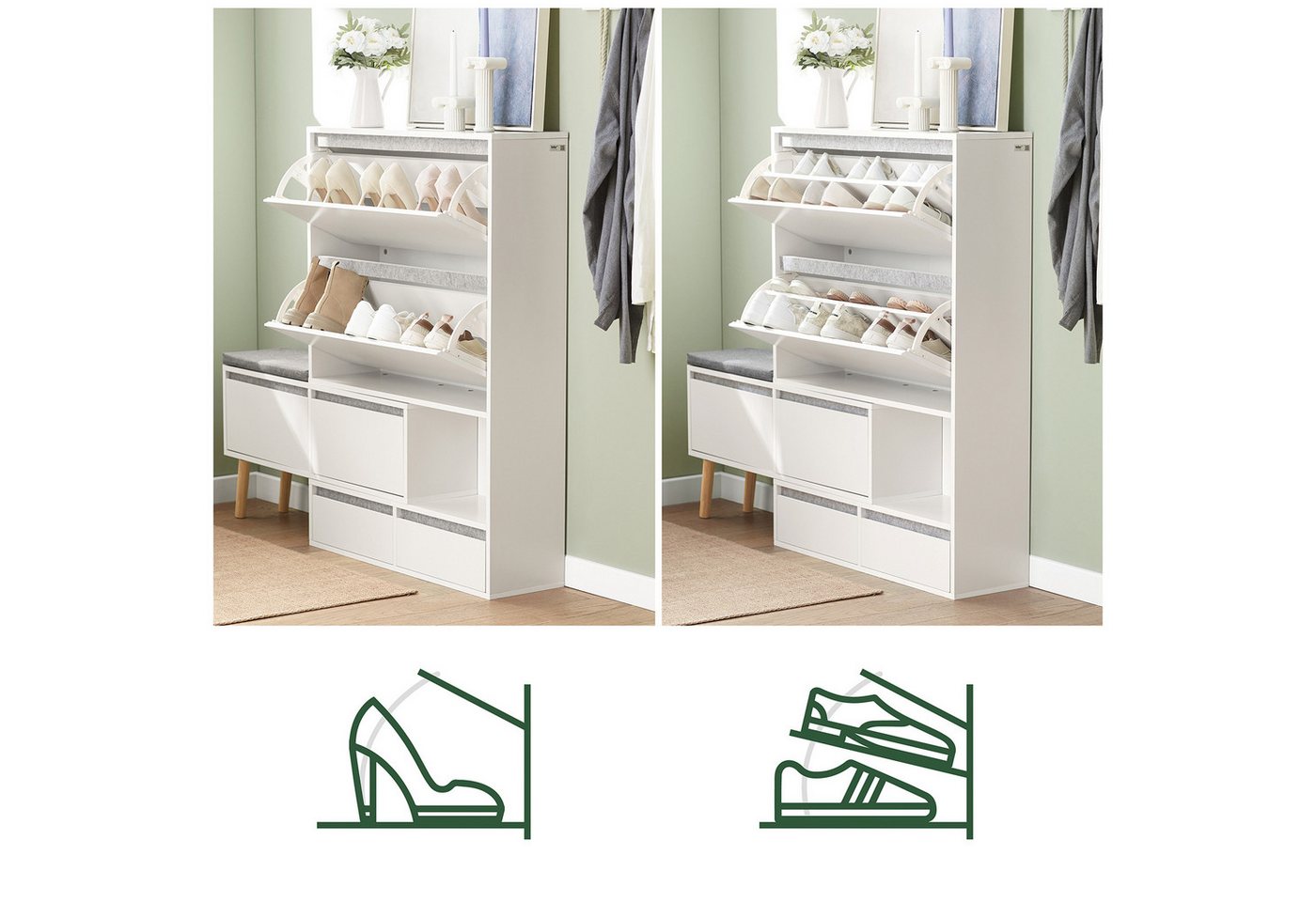 SoBuy Schuhschrank FSR134, Schuhkipper Schuhschrank mit Sitzbank Schuhbank mit Sitzfläche Schuhablage mit 2 Klappen, 2 Türen und 2 Schubladen Flurschrank – Bild 5 von 5