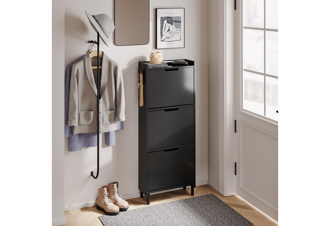 SoBuy Schuhschrank FSR151-H-E, Schuhschrank schmal, Schuhregal Schuhkipper Flurschrank Schuhschrank hängend, mit Sensorlicht, 3 Klappen, Schuhaufbewahrung – Bild 2 von 5