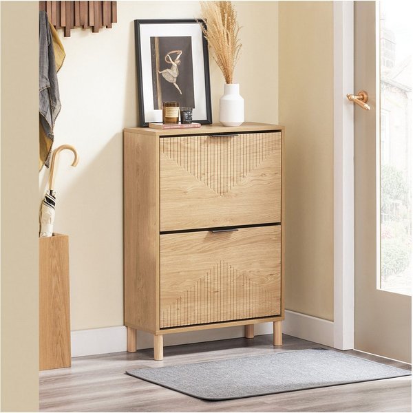 SoBuy Schuhschrank FSR200, Schuhschrank schmal, Schuhkipper Schuhkommode Holz, Kippschutz Schuhregal, mit 2 Klappen, verstellbaren Böden, für 8 Paar Schuhe