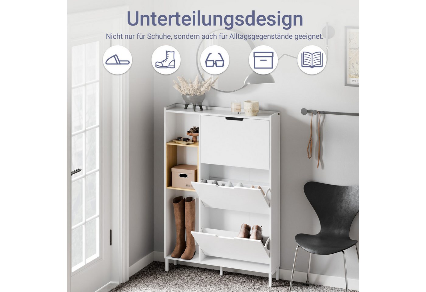 SoBuy Schuhschrank FSR209, Schuhkipper mit 3 Klappen, Schuhregal Schuhablage Schuhkommode Schuhschrank schmal, mit 3 Klappen, zusätzlichen Fächern, Bambus, Holz – Bild 2 von 5