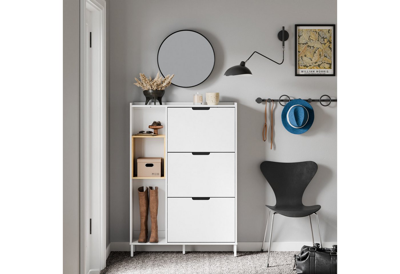 SoBuy Schuhschrank FSR209, Schuhkipper mit 3 Klappen, Schuhregal Schuhablage Schuhkommode Schuhschrank schmal, mit 3 Klappen, zusätzlichen Fächern, Bambus, Holz – Bild 3 von 5