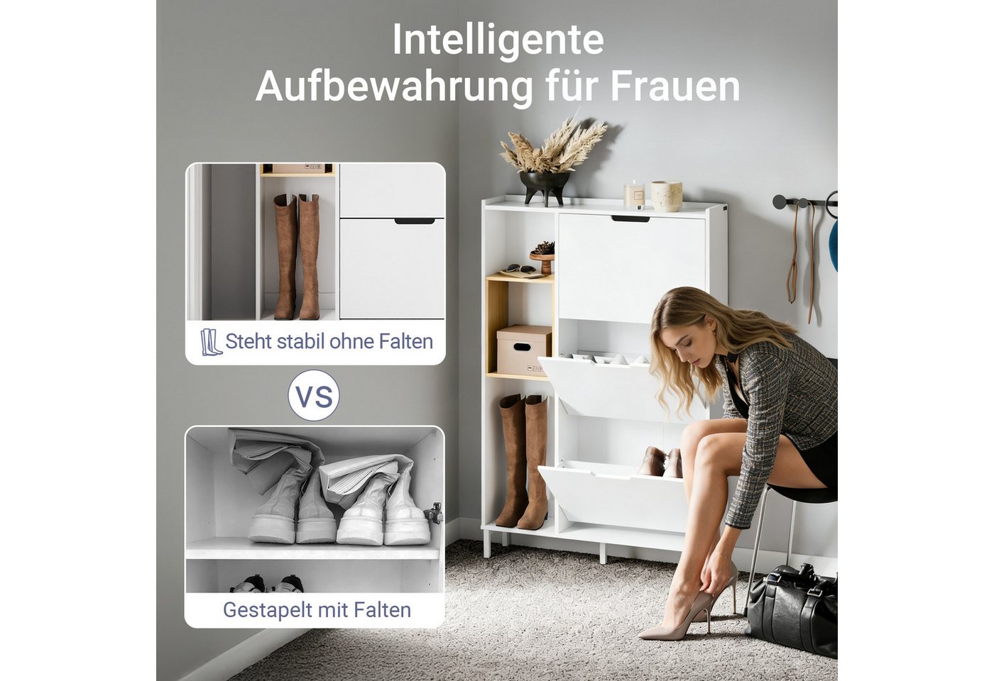 SoBuy Schuhschrank FSR209, Schuhkipper mit 3 Klappen, Schuhregal Schuhablage Schuhkommode Schuhschrank schmal, mit 3 Klappen, zusätzlichen Fächern, Bambus, Holz – Bild 4 von 5