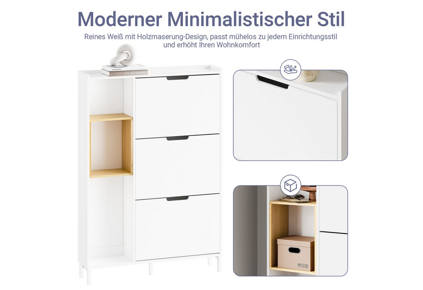 SoBuy Schuhschrank FSR209, Schuhkipper mit 3 Klappen, Schuhregal Schuhablage Schuhkommode Schuhschrank schmal, mit 3 Klappen, zusätzlichen Fächern, Bambus, Holz – Bild 5 von 5