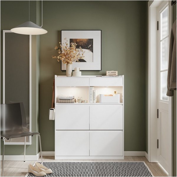 SoBuy Schuhschrank FSR224-E, Schrank schmal hoch, LED-Licht mit Haken (1er Set) Mit 2 Schubladen, 12 Fächern und automatischer Beleuchtung für Flur