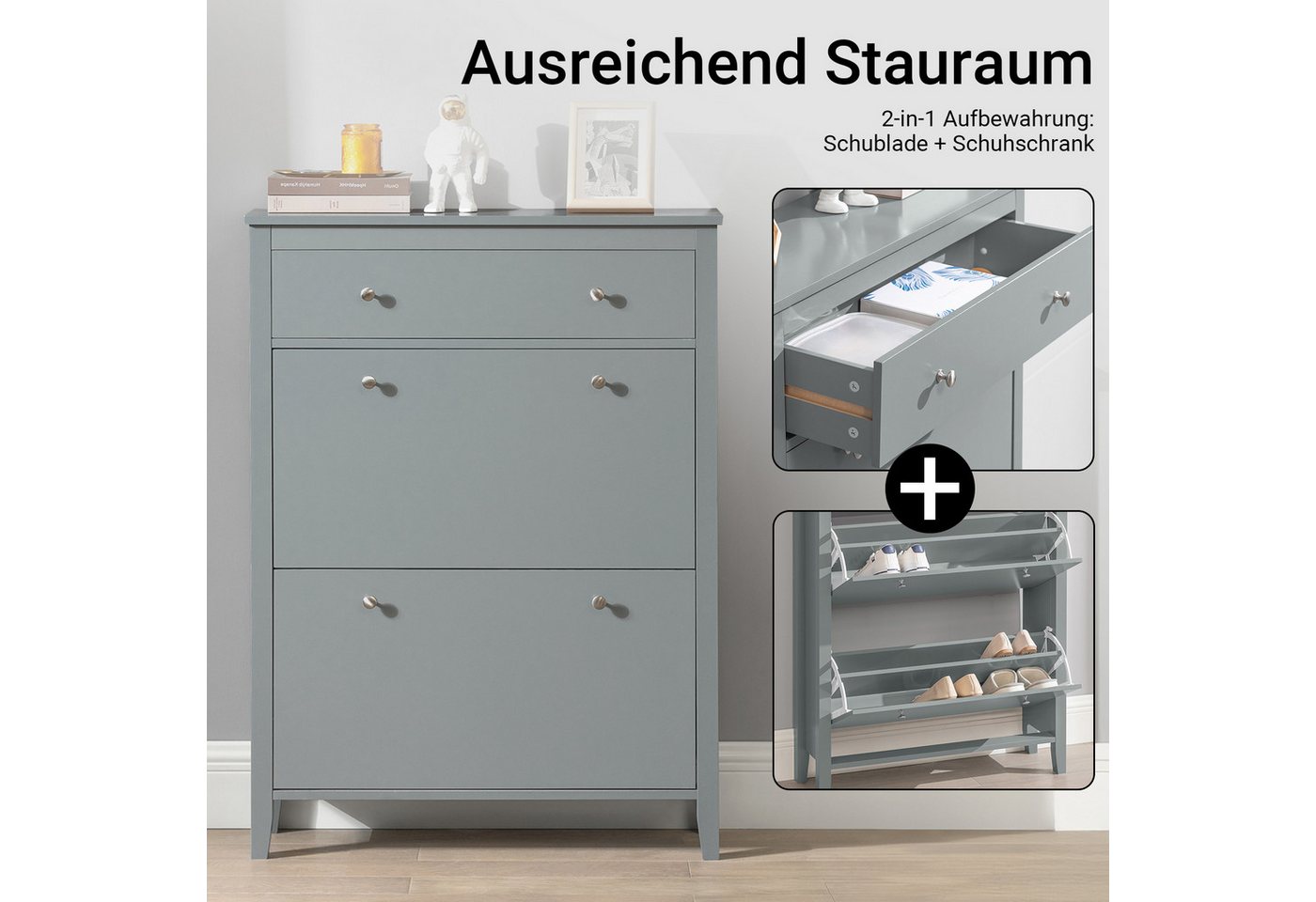 SoBuy Schuhschrank FSR89, Schuhkipper schmal, Kommode für 12-14 Paar Schuhe, Flur mit 2 Klappen Schuhregal mit Schublade Schuhkommode Schuhablage – Bild 2 von 5