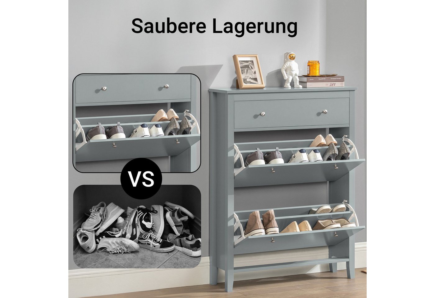 SoBuy Schuhschrank FSR89, Schuhkipper schmal, Kommode für 12-14 Paar Schuhe, Flur mit 2 Klappen Schuhregal mit Schublade Schuhkommode Schuhablage – Bild 3 von 5