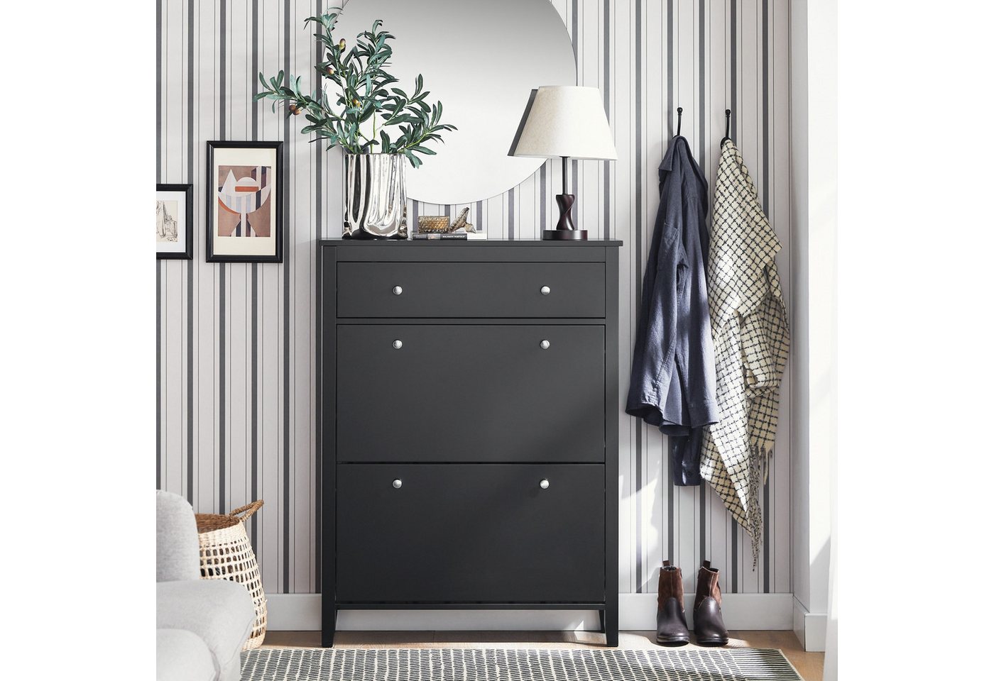 SoBuy Schuhschrank FSR89, Schuhkipper schmal, Kommode für 12-14 Paar Schuhe, Flur mit 2 Klappen Schuhregal mit Schublade Schuhkommode Schuhablage – Bild 2 von 5
