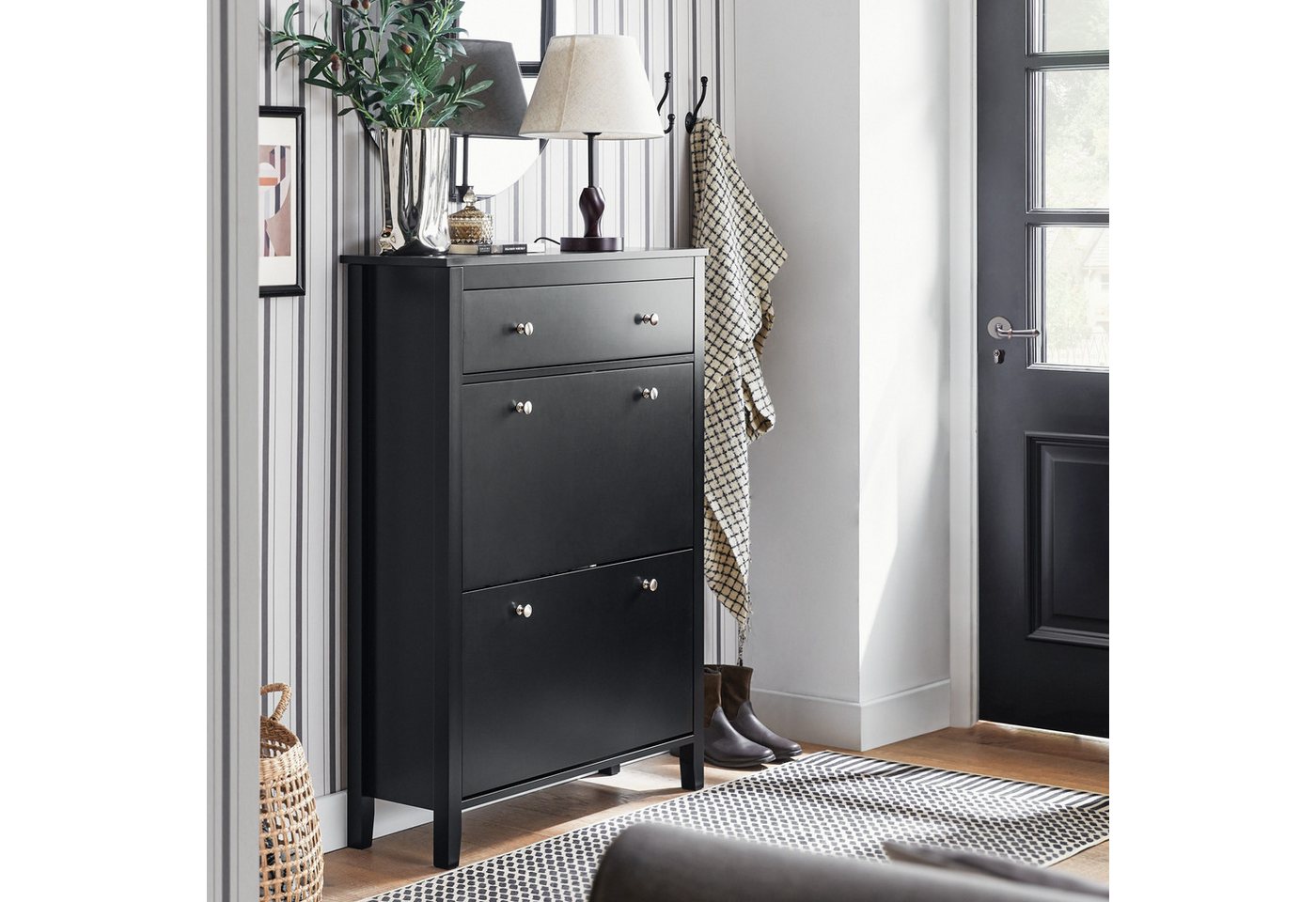 SoBuy Schuhschrank FSR89, Schuhkipper schmal, Kommode für 12-14 Paar Schuhe, Flur mit 2 Klappen Schuhregal mit Schublade Schuhkommode Schuhablage – Bild 3 von 5