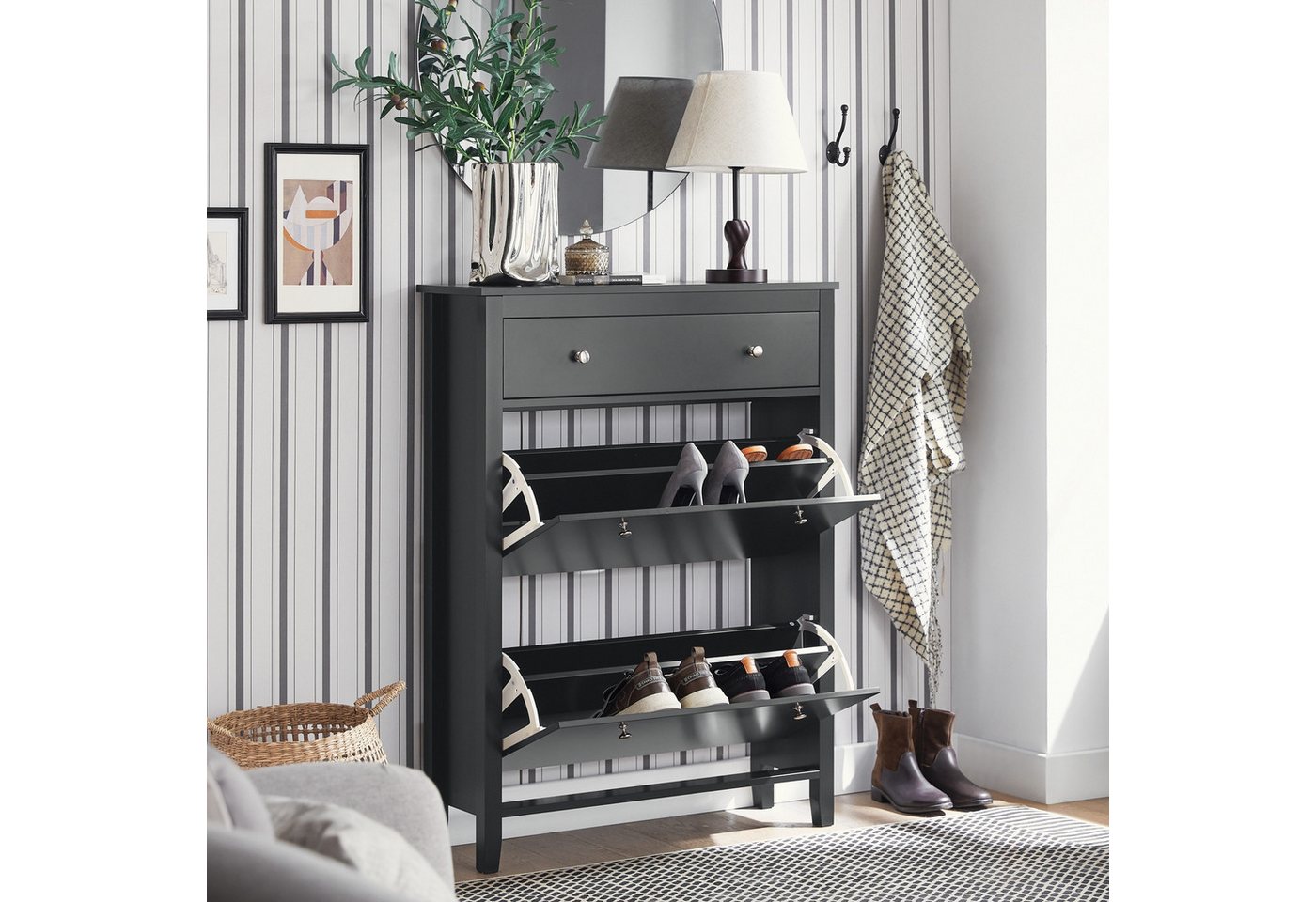 SoBuy Schuhschrank FSR89, Schuhkipper schmal, Kommode für 12-14 Paar Schuhe, Flur mit 2 Klappen Schuhregal mit Schublade Schuhkommode Schuhablage – Bild 4 von 5