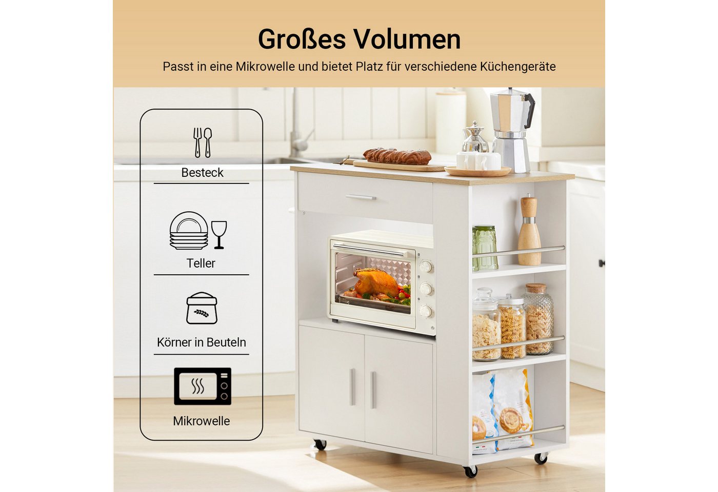 SoBuy Servierwagen FKW113, Küchenwagen mit Arbeitsplatte, Beistelltisch, Küchenwagen Kücheninsel Küchenschrank Rollwagen Mikrowellenschrank – Bild 2 von 5