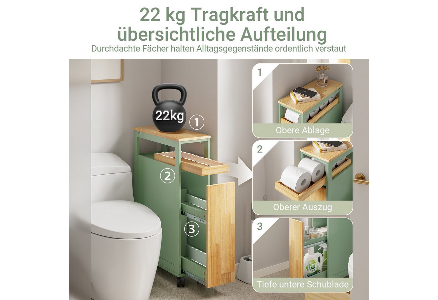 SoBuy Servierwagen NSR14, Nischenschrank mit 2 Auszügen, Rollwagen Schmal 20 cm breit, (1er Set), Grün Rollcontainer mit abnehmbarem Tablett für Küche und Badez – Bild 3 von 5