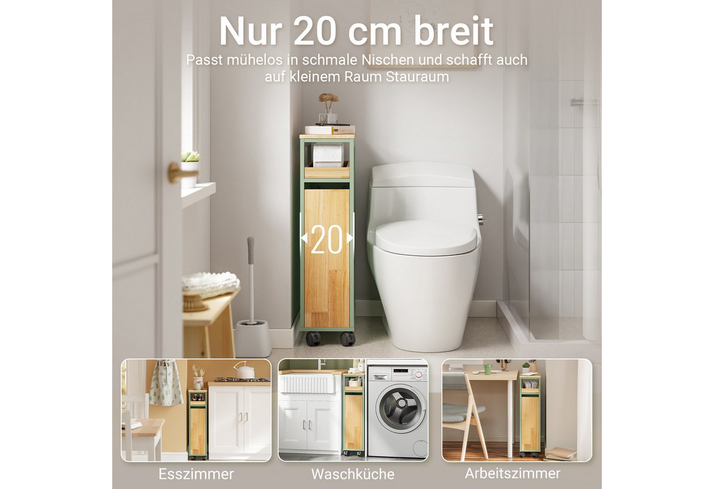 SoBuy Servierwagen NSR14, Nischenschrank mit 2 Auszügen, Rollwagen Schmal 20 cm breit, (1er Set), Grün Rollcontainer mit abnehmbarem Tablett für Küche und Badez – Bild 4 von 5