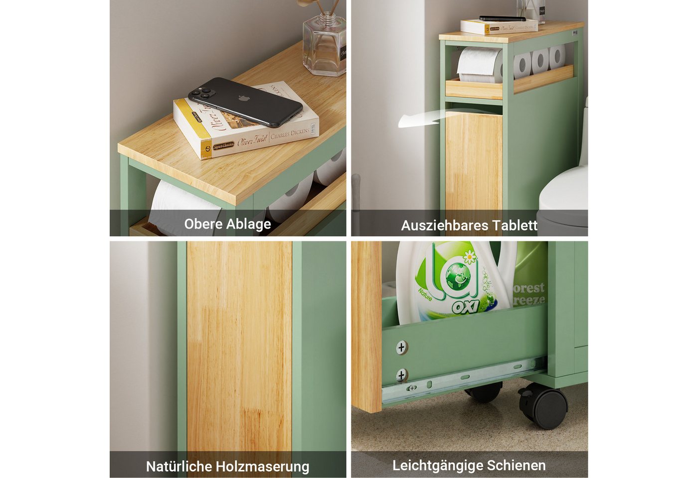 SoBuy Servierwagen NSR14, Nischenschrank mit 2 Auszügen, Rollwagen Schmal 20 cm breit, (1er Set), Grün Rollcontainer mit abnehmbarem Tablett für Küche und Badez – Bild 5 von 5