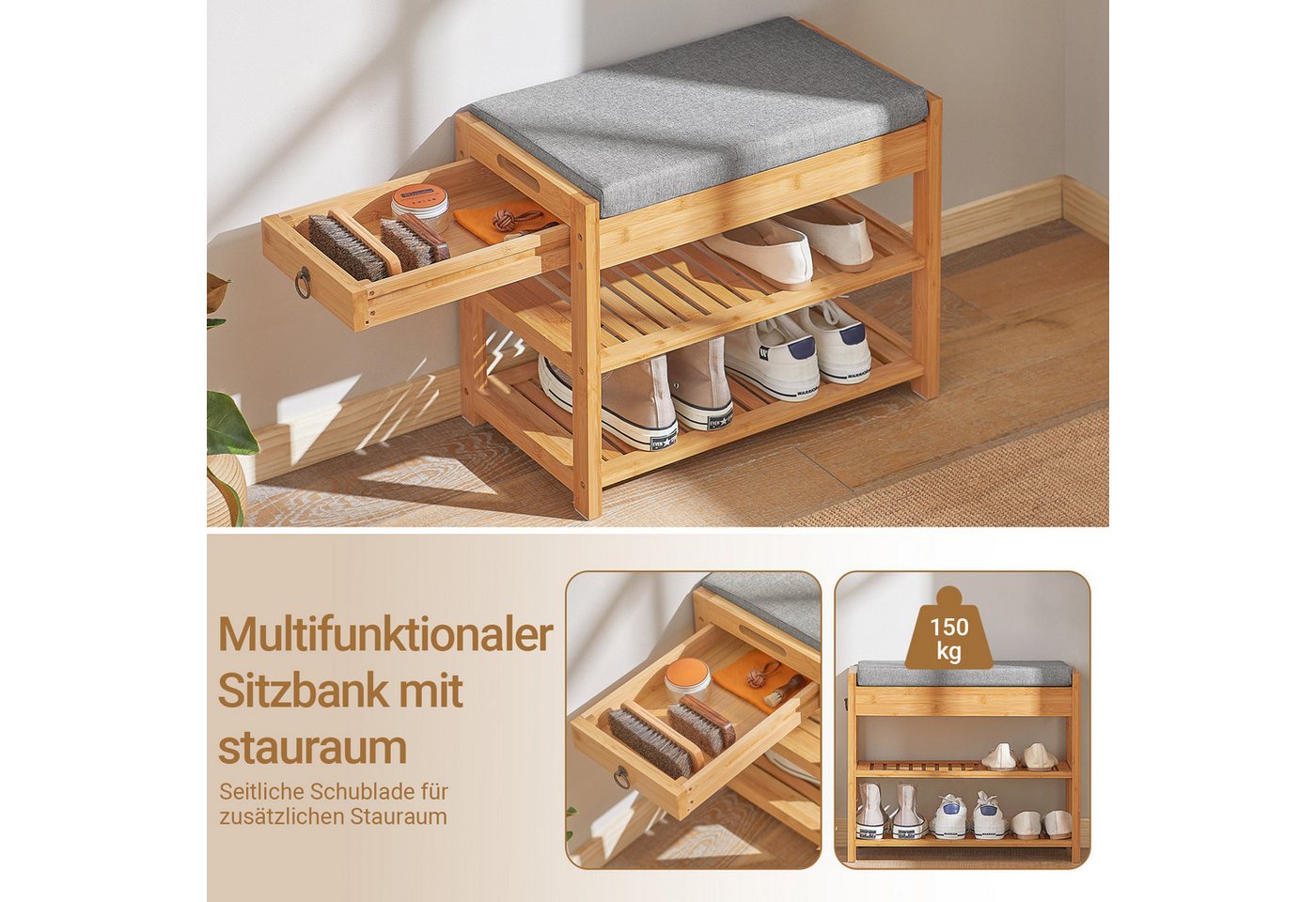 SoBuy Sitzbank FSR47, Schuhbank mit Sitzfläche Garderobenbank Schuhregal Sitzbank Bambus – Bild 3 von 5