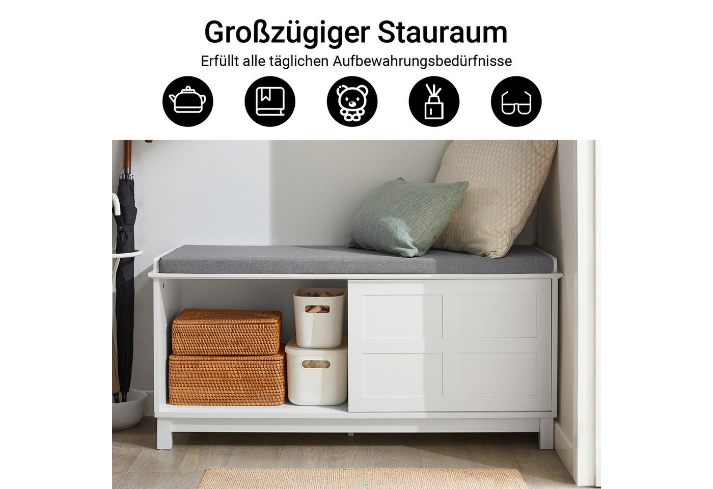 SoBuy Sitzbank FSR86, Schuhschrank schmal, Garderobenbank für Flur Eingangsbereich, mit Sitzkissen Schuhbank mit Stauraum Schuhregal mit Schiebetüren – Bild 3 von 5