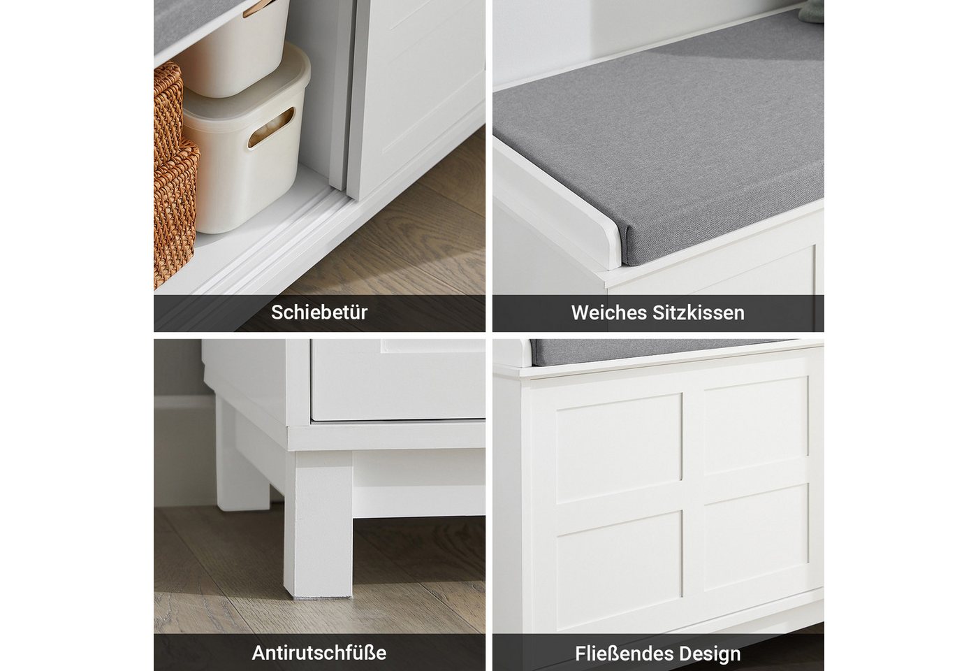 SoBuy Sitzbank FSR86, Schuhschrank schmal, Garderobenbank für Flur Eingangsbereich, mit Sitzkissen Schuhbank mit Stauraum Schuhregal mit Schiebetüren – Bild 4 von 5