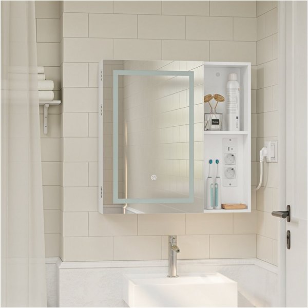 SoBuy Spiegelschrank BZR239-E, Badezimmerschrank Hängeschrank mit LED und Steckdose (1er Set) Badspiegelschrank Wandregal mit Touch-LED, USB-Anschluss Badezimme