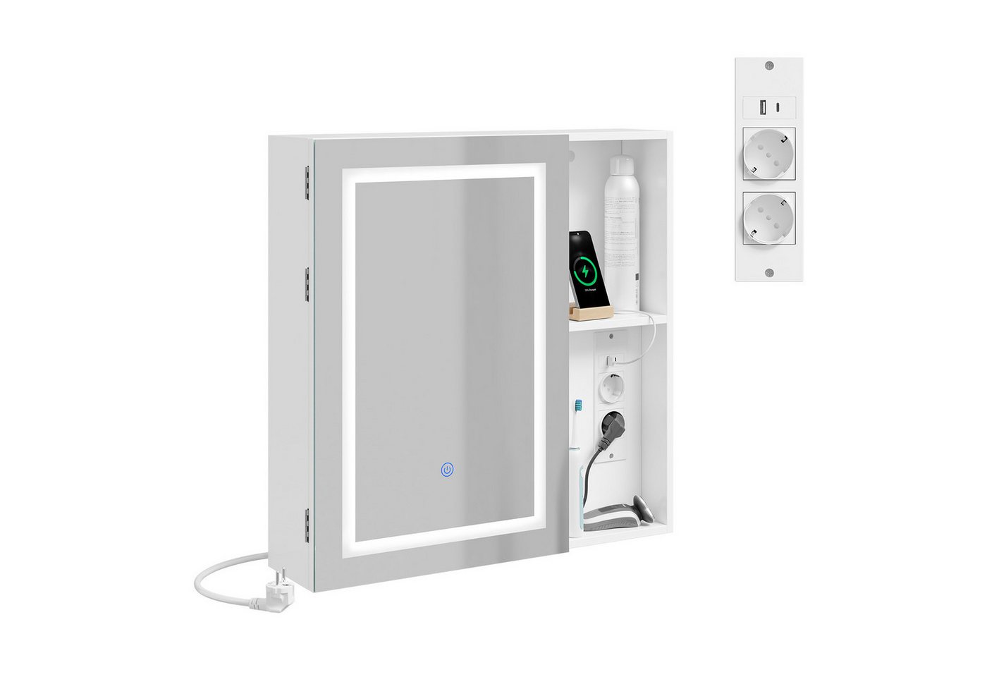 SoBuy Spiegelschrank BZR239-E, Badezimmerschrank Hängeschrank mit LED und Steckdose (1er Set) Badspiegelschrank Wandregal mit Touch-LED, USB-Anschluss Badezimme – Bild 2 von 5