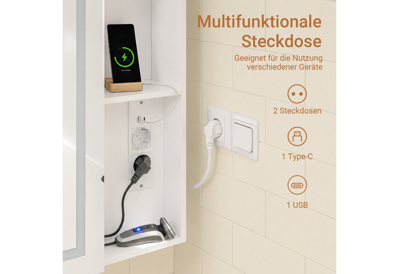 SoBuy Spiegelschrank BZR239-E, Badezimmerschrank Hängeschrank mit LED und Steckdose (1er Set) Badspiegelschrank Wandregal mit Touch-LED, USB-Anschluss Badezimme – Bild 3 von 5