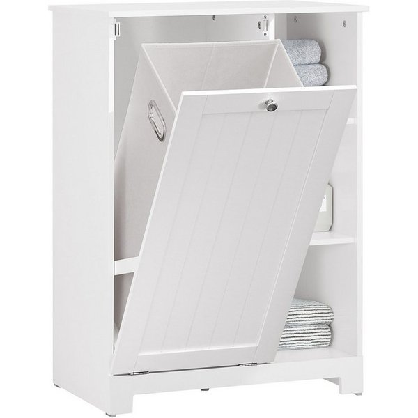 SoBuy Wäscheschrank Badezimmerschrank, Wäschekorb, Badmöbel, Badschrank mit 3 Regale Badschrank mit Wäschesack Wäschetruhe Wäschesammler Wäschekorb Weiß