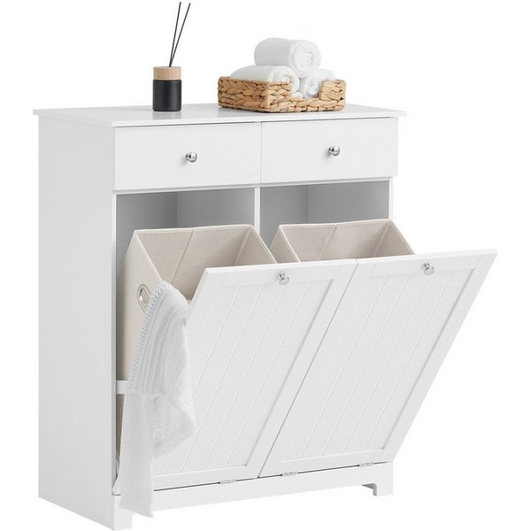 SoBuy Wäscheschrank BZR33, Badezimmerschrank mit Wäschekorb, Wäschesammler, Wäscheschrank mit 2 Schubladen & 2 Wäschekippern, 90L großer Kapazität, Badezimmer