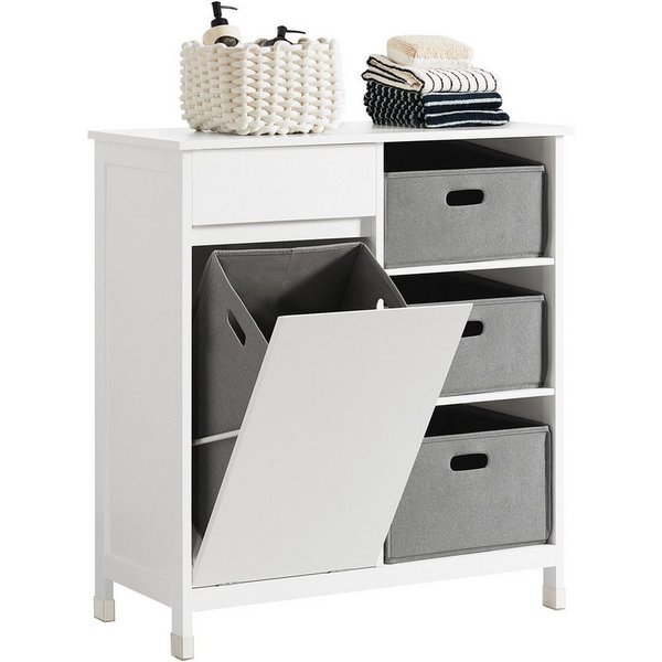 SoBuy Wäscheschrank BZR77, Badezimmerschrank mit Wäschekorb, Badschrank Badmöbel mit ausklappbarem Wäschesäcken, Wäschetruhe, für kleine Räume, Bad